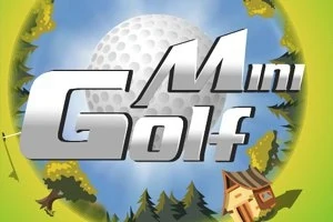 Texten Mini Golf i silver med en golfboll i bakgrunden, omgiven av träd och ett litet hus