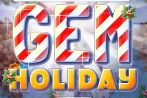 Texten GEM HOLIDAY i färgglada bokstäver med röda och vita ränder samt juldekorationer