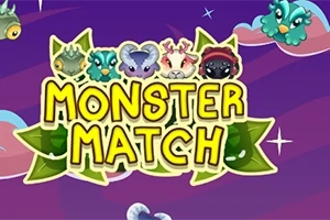 Tecknade monsterfigurer i olika färger ovanför texten Monster Match med en lila bakgrund och stjärnor