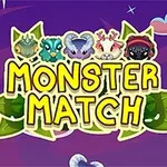 Tecknade monsterfigurer i olika färger ovanför texten Monster Match med en lila bakgrund och stjärnor