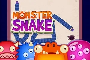 Färgglada tecknade monster omger texten Monster Snake med en blå orm i bakgrunden
