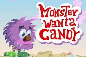 Lila monster med stort leende och skylt med texten Monster wants candy mot en färgglad bakgrund