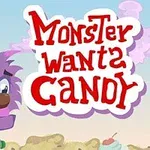 Lila monster med stort leende och skylt med texten Monster wants candy mot en färgglad bakgrund