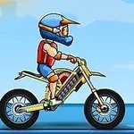 Tecknad motorcyklist med hjälm och skyddsutrustning kör en gul motorcykel på en blå bakgrund