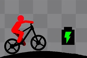 En röd figur cyklar mot ett grönt batteri med en blixtsymbol på en grå-rutigt bakgrund