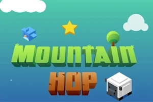 Tecknad scen med en blå fågel, ett blockigt får, ett träd och en gul stjärna på en grön-blå bakgrund med texten Mountain Hop