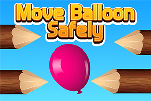 Rosa ballong i mitten med spetsiga trästavar omkring och texten Move Balloon Safely ovanför