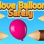 Rosa ballong i mitten med spetsiga trästavar omkring och texten Move Balloon Safely ovanför