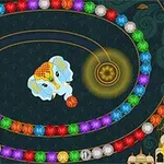 Färgglada bollar i spiralformation med en blå elefant i mitten och dekorativa mönster i bakgrunden