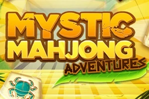 Texten Mystic Mahjong Adventures i stora bokstäver med en bakgrund av gula och gröna nyanser samt en illustration av en krabba