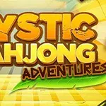 Texten Mystic Mahjong Adventures i stora bokstäver med en bakgrund av gula och gröna nyanser samt en illustration av en krabba
