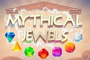 Texten Mythical Jewels med ett tempel i bakgrunden och olika färgglada juveler nedanför, inklusive blå, gul, grön, röd och lila