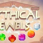 Texten Mythical Jewels med ett tempel i bakgrunden och olika färgglada juveler nedanför, inklusive blå, gul, grön, röd och lila