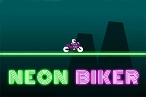 Neonfärgad motorcykel kör på en lysande linje mot en mörk bakgrund med texten NEON BIKER i neonbokstäver
