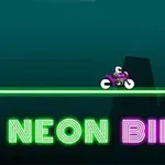 Neonfärgad motorcykel kör på en lysande linje mot en mörk bakgrund med texten NEON BIKER i neonbokstäver