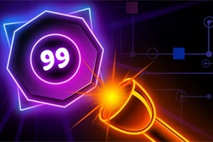Ljusstark energistråle riktad mot en neonfärgad oktagon med siffran 99 på en mörk bakgrund