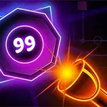 Ljusstark energistråle riktad mot en neonfärgad oktagon med siffran 99 på en mörk bakgrund