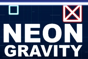 Texten NEON GRAVITY i vit färg med en blåstreckad bakgrund och två neonfärgade rutor, en blå och en röd