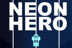Texten NEON HERO i stora vita bokstäver ovanför en liten, stiliserad, neonblå figur mot en mörk bakgrund
