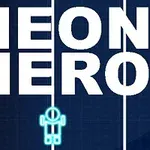 Texten NEON HERO i stora vita bokstäver ovanför en liten, stiliserad, neonblå figur mot en mörk bakgrund