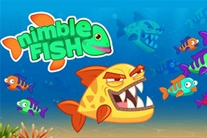 Tecknad bild av en arg, gul fisk med stora tänder omgiven av mindre, färgglada fiskar under vattnet samt en logotyp med text