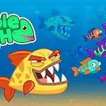Tecknad bild av en arg, gul fisk med stora tänder omgiven av mindre, färgglada fiskar under vattnet samt en logotyp med text