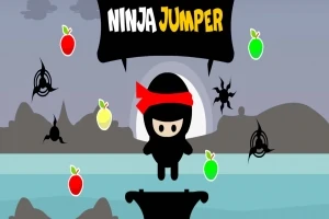 En tecknad ninja-figur med röd pannband hoppar på en plattform omgiven av frukter och kaststjärnor mot en bergig bakgrund