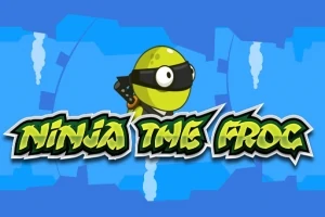 Grön tecknad groda med ninja-mask och texten Ninja The Frog på blå bakgrund