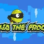 Grön tecknad groda med ninja-mask och texten Ninja The Frog på blå bakgrund