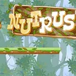 En tecknad ekorre springer på en plattform i skogen med texten Nut Rush ovanför