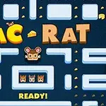 En tecknad labyrint med ordet PAC-RAT i stora bokstäver, en musfigurin i mitten och texten READY!