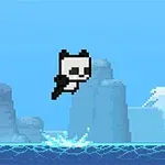 En pixlad panda hoppar över vatten med berg i bakgrunden under en klarblå himmel
