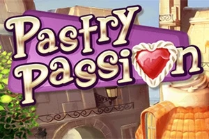 Texten Pastry Passion med ett hjärta i bakgrunden av en tecknad stadvy med byggnader