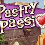 Texten Pastry Passion med ett hjärta i bakgrunden av en tecknad stadvy med byggnader