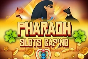 Pharaoniskt tema med gyllene bokstäver, hieroglyfer, guldmynt, skarabé, och två katter mot en färgglad bakgrund