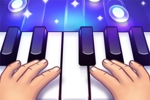 Två händer spelar på ett piano med lysande knappar och stjärnor i bakgrunden
