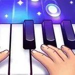Två händer spelar på ett piano med lysande knappar och stjärnor i bakgrunden