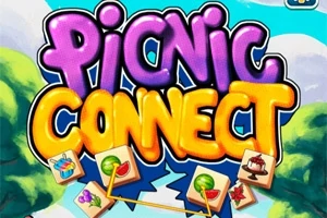 Färgglad text med ordet Picnic Connect och ikoner av olika picknickmat mot en tecknad bakgrund