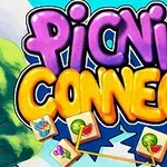 Färgglad text med ordet Picnic Connect och ikoner av olika picknickmat mot en tecknad bakgrund