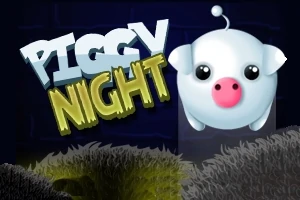 Tecknad illustration av en söt, rund gris med stora ögon framför texten Piggy Night