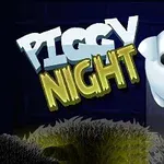 Tecknad illustration av en söt, rund gris med stora ögon framför texten Piggy Night