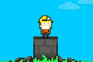 En pixlad figur med gult hår och pannlampa står på ett stenblock mot en blå himmel med moln