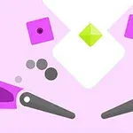 Rosa och vita geometriska former med gröna och gråa detaljer på en ljus bakgrund
