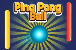 Blå bakgrund med en lysande blå boll i mitten, gula och röda vertikala linjer samt texten Ping Pong Ball längst upp