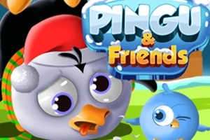 Tecknade figurer med en pingvin i tomteluva och en blå fågel med ett landskap i bakgrunden samt texten Pingu & Friends