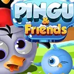 Tecknade figurer med en pingvin i tomteluva och en blå fågel med ett landskap i bakgrunden samt texten Pingu & Friends