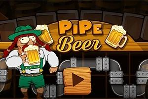 Tecknad karaktär i traditionell bayersk dräkt med ölsejdel, mot en bakgrund med träfat och texten Pipe Beer