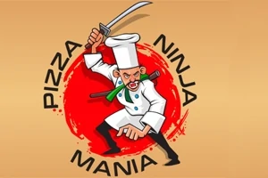 Tecknad kock i ninja-ställning med svärd och röd cirkel i bakgrunden, omgiven av texten Pizza Ninja Mania
