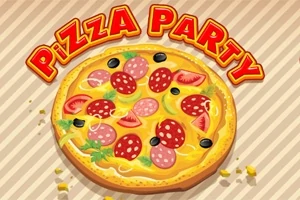 Tecknad bild av en pizza med olika pålägg och texten Pizza Party i bakgrunden