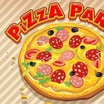 Tecknad bild av en pizza med olika pålägg och texten Pizza Party i bakgrunden